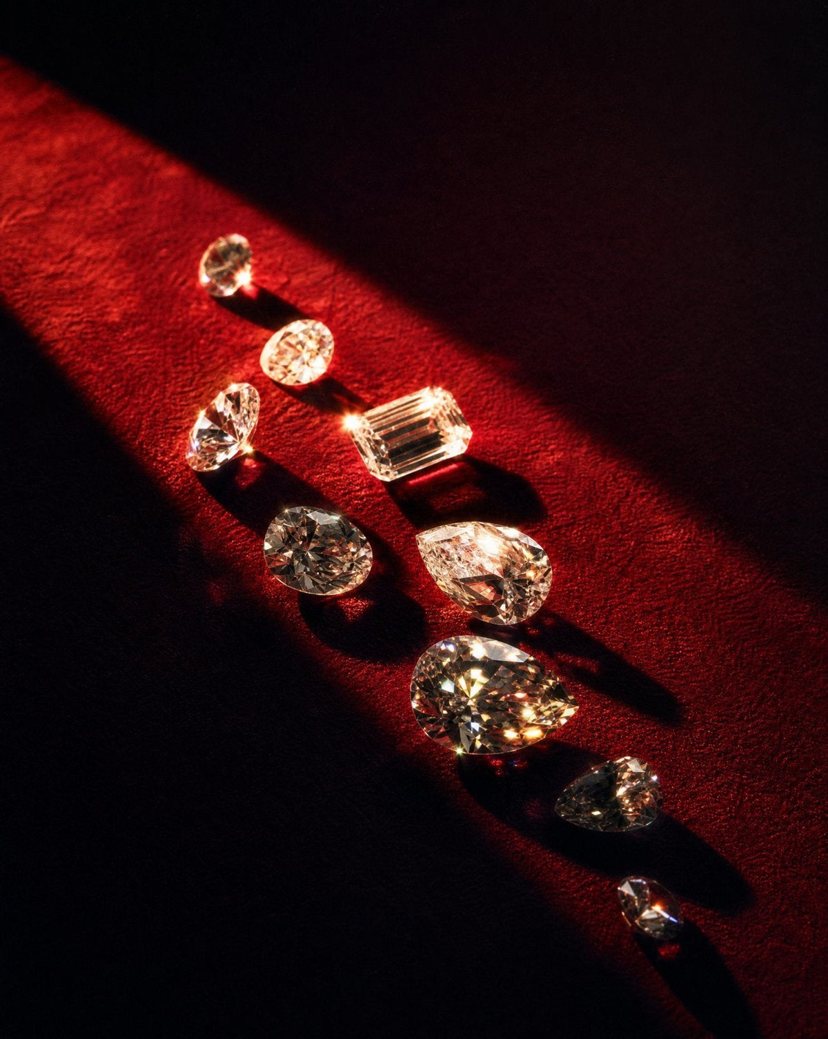 Loose lab-grown diamonds in marquise, emerald, pear, oval and round shapes on burgundy fabric