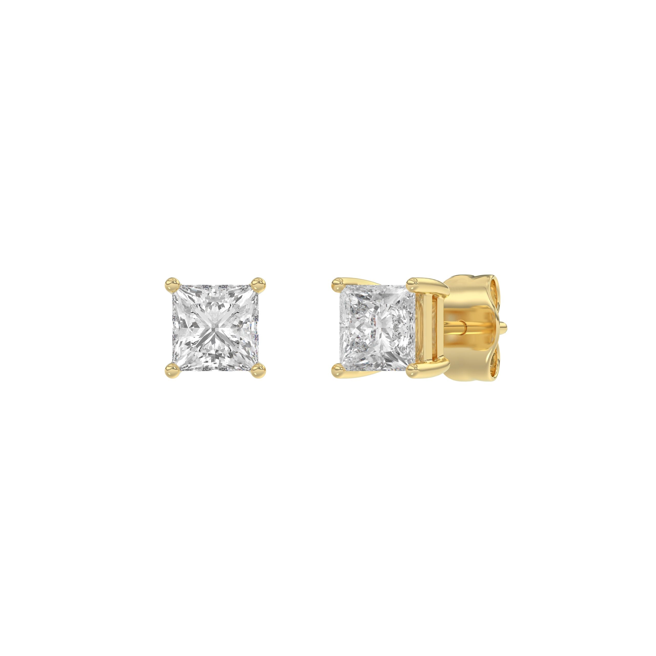 1 Carat Princess Lab Grown Diamond Stud Earrings Yellow Gold angle view