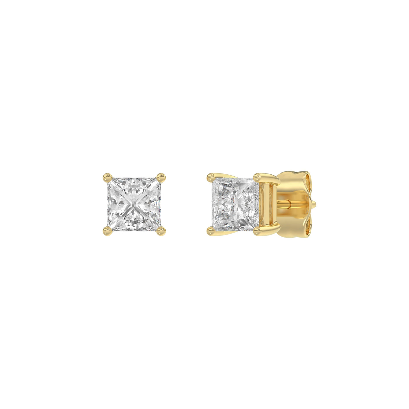 1 Carat Princess Lab Grown Diamond Stud Earrings Yellow Gold angle view