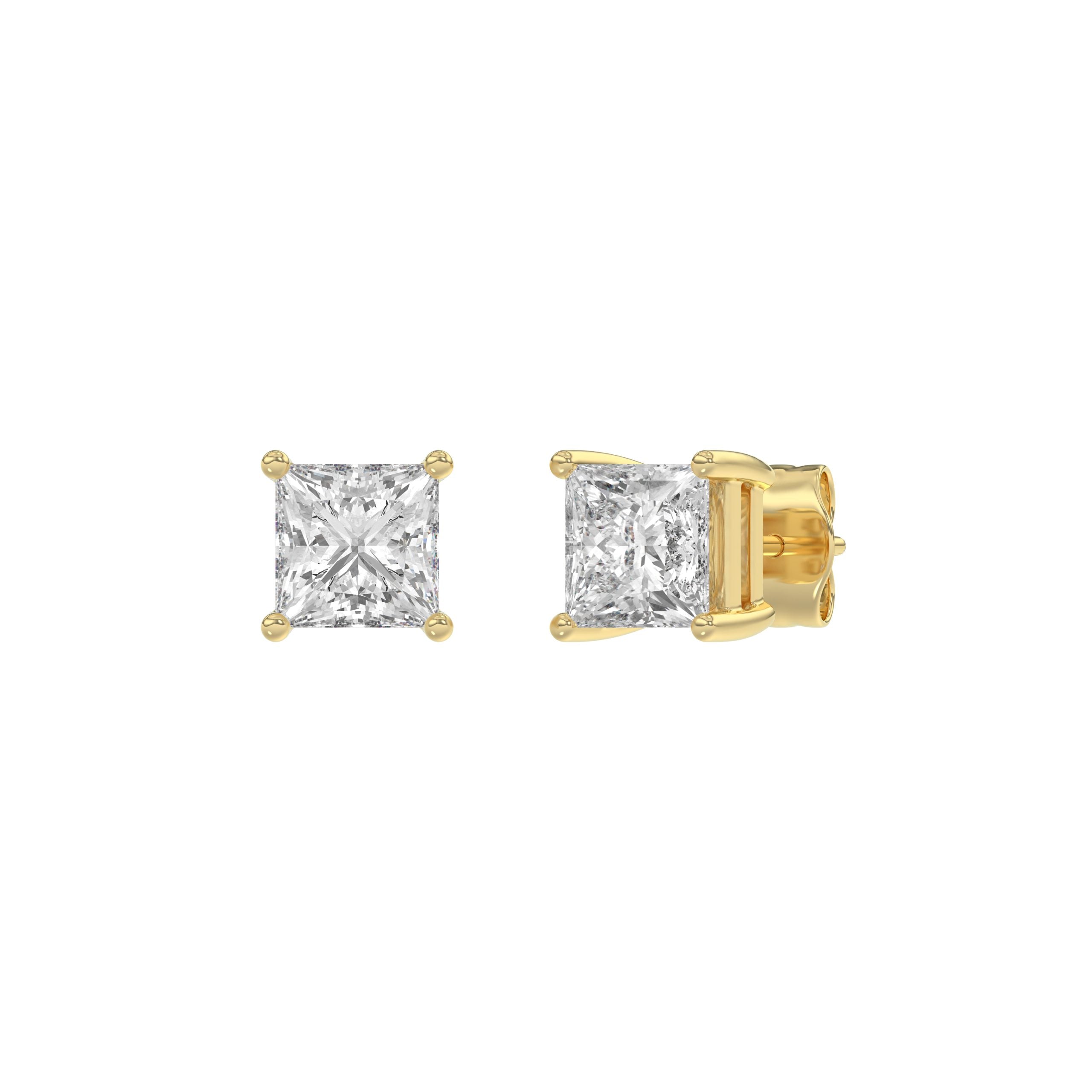 1.5 Carat Princess Lab Grown Diamond Stud Earrings Yellow Gold angle view