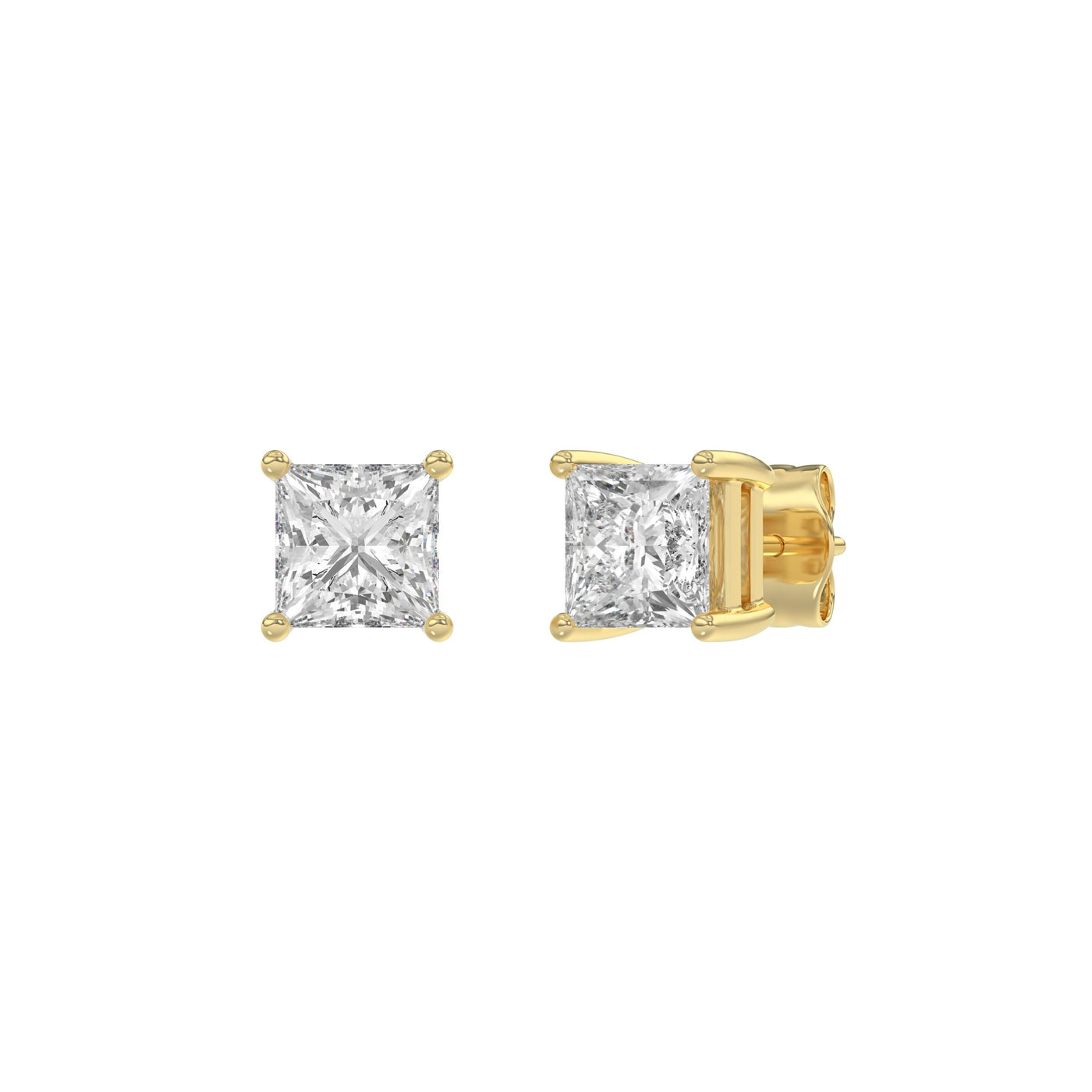 1.5 Carat Princess Lab Grown Diamond Stud Earrings Yellow Gold angle view
