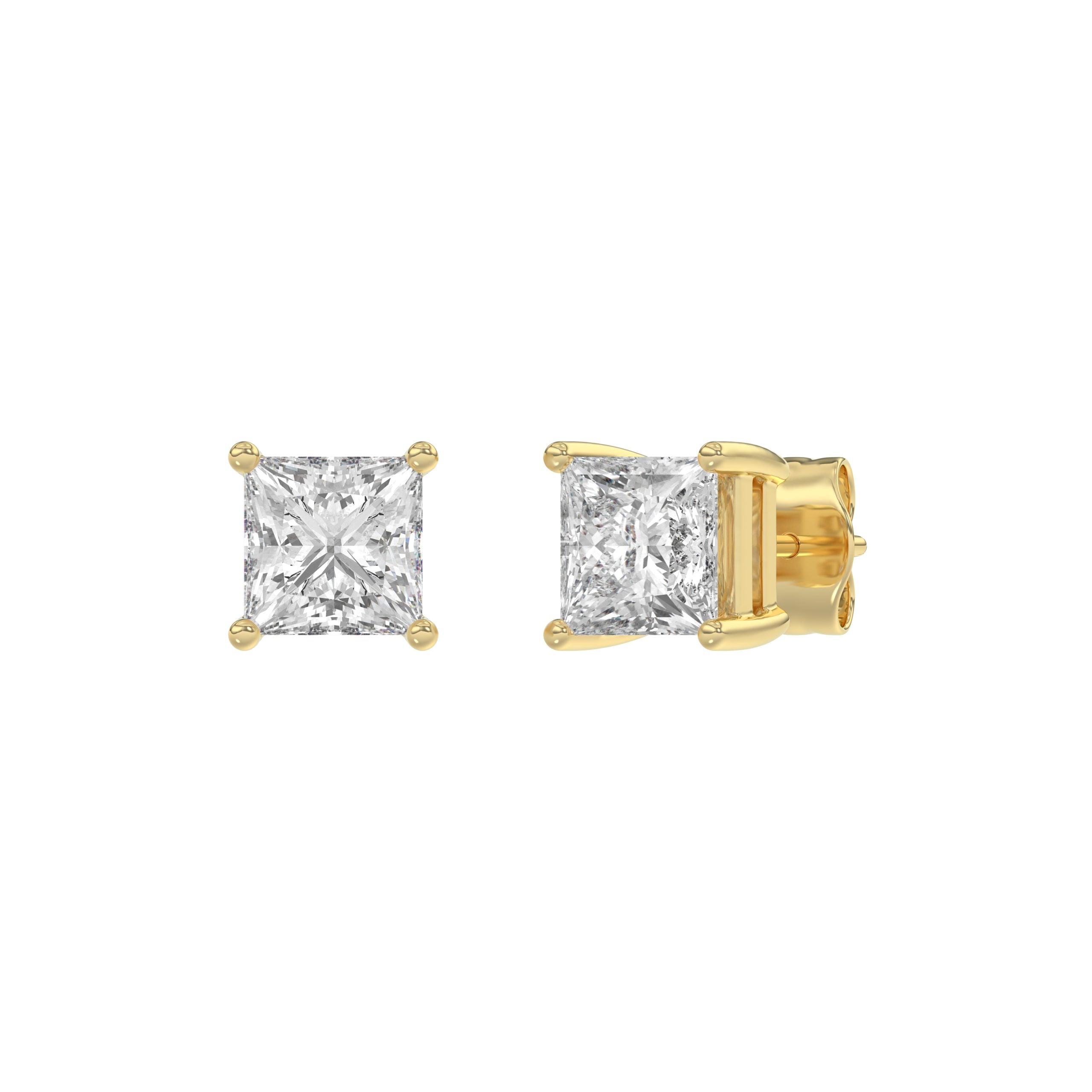 2 Carat Princess Lab Grown Diamond Stud Earrings Yellow Gold angle view