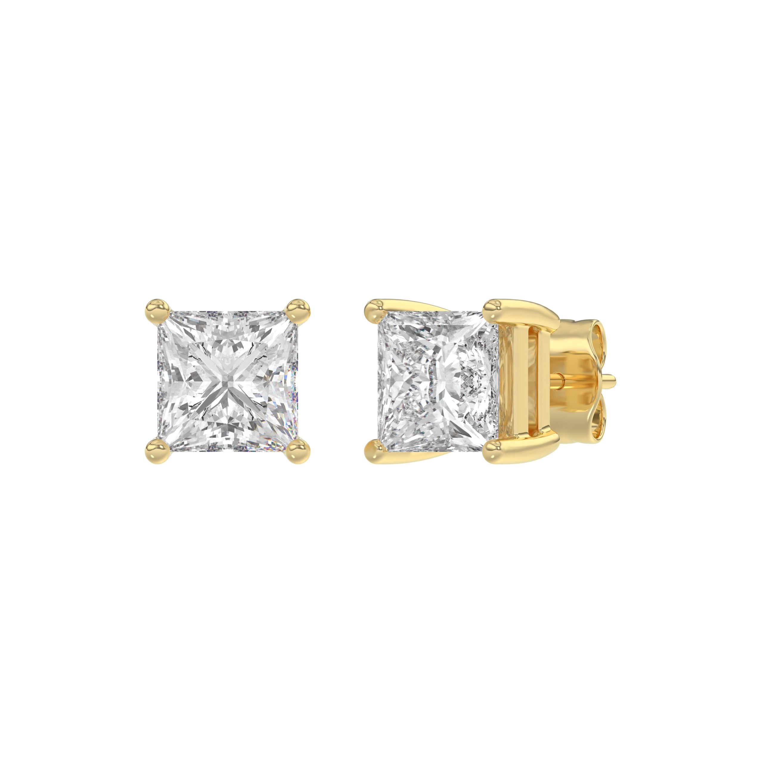 2 Carat Emerald Cut Lab Grown Diamond Stud Earrings Yellow Gold angle view