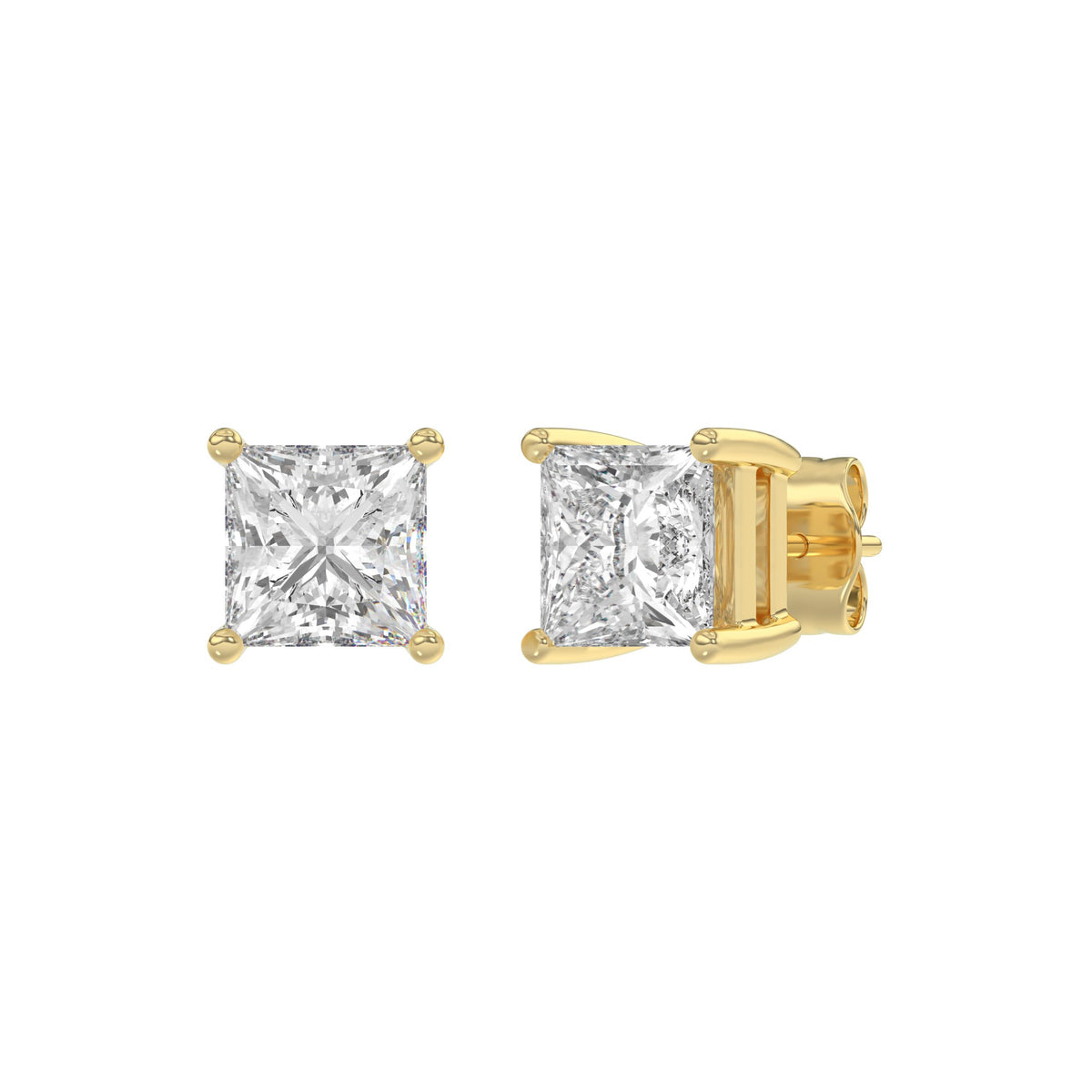 2 Carat Emerald Cut Lab Grown Diamond Stud Earrings Yellow Gold angle view