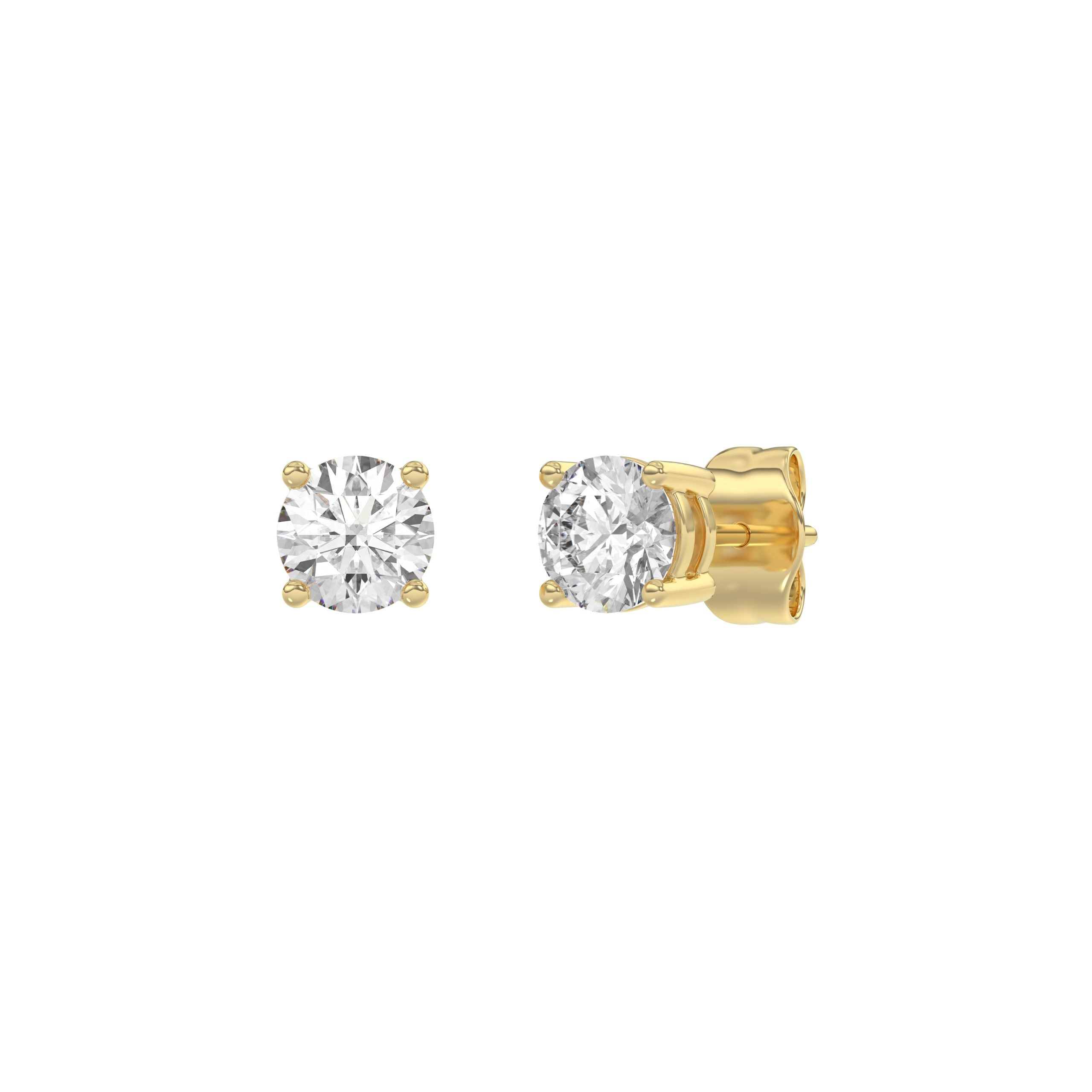 1 Carat Round Brilliant Lab Grown Diamond Stud Earrings Yellow Gold angle view
