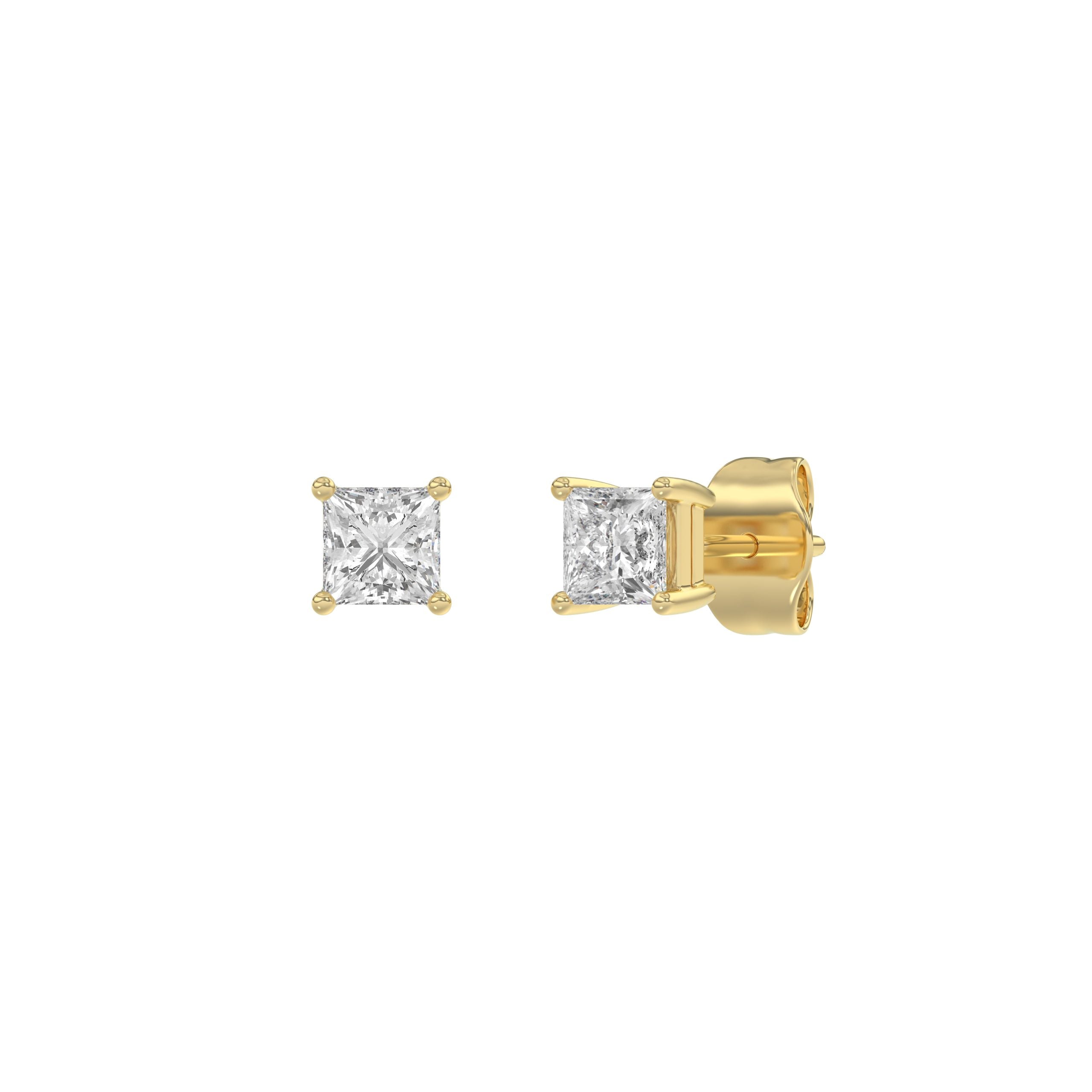 0.46 Carat Princess Lab Grown Diamond Stud Earrings Yellow Gold angle view