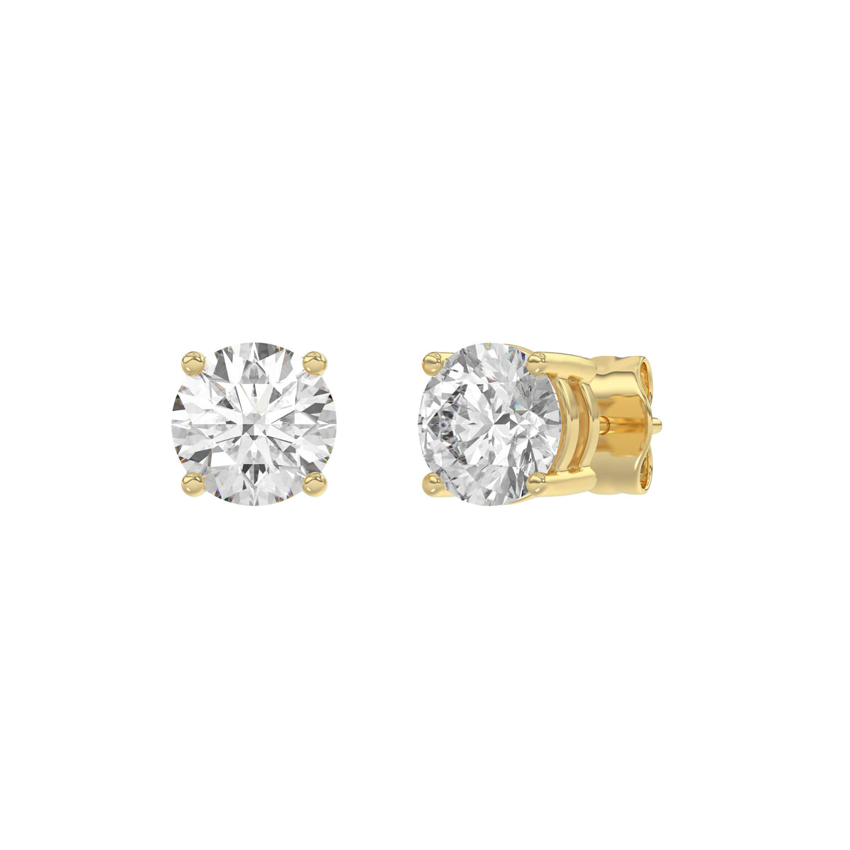 2 Carat Round Brilliant Lab Grown Diamond Stud Earrings Yellow Gold angle view