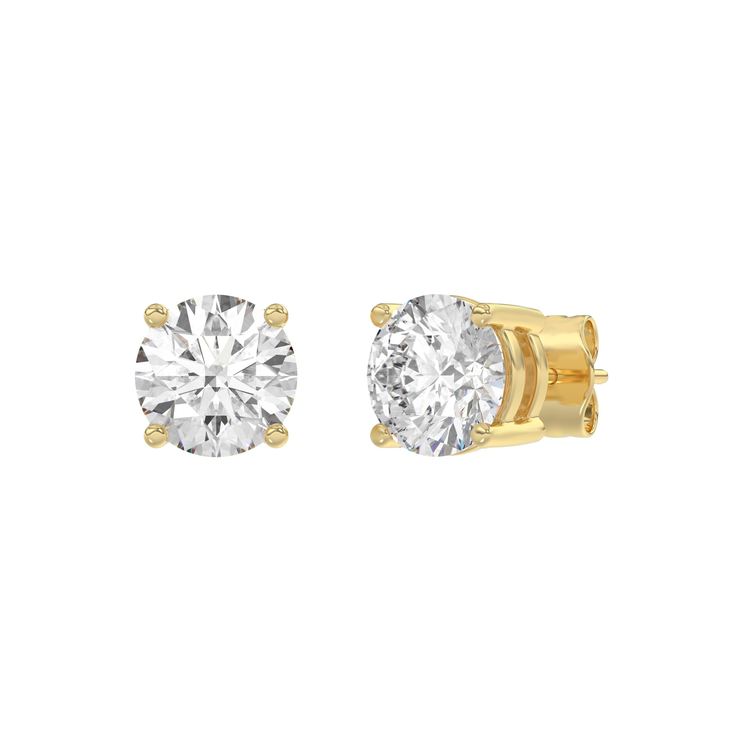3 Carat Round Brilliant Lab Grown Diamond Stud Earrings Yellow Gold angle view