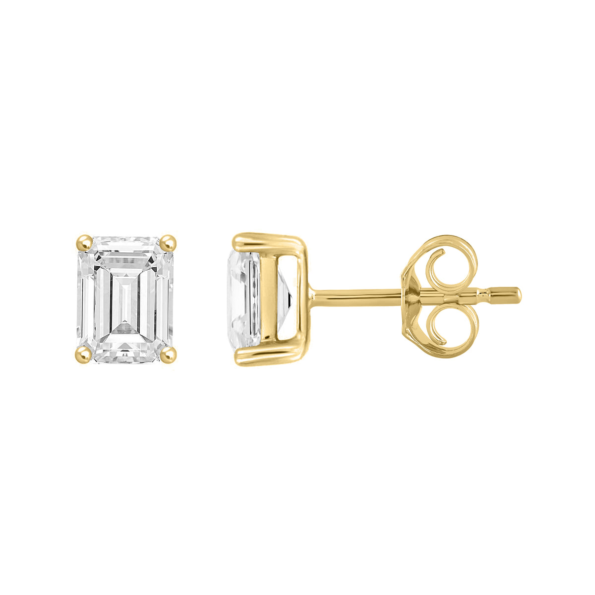 2 Carat Emerald Cut Lab Grown Diamond Stud Earrings Yellow Gold down view