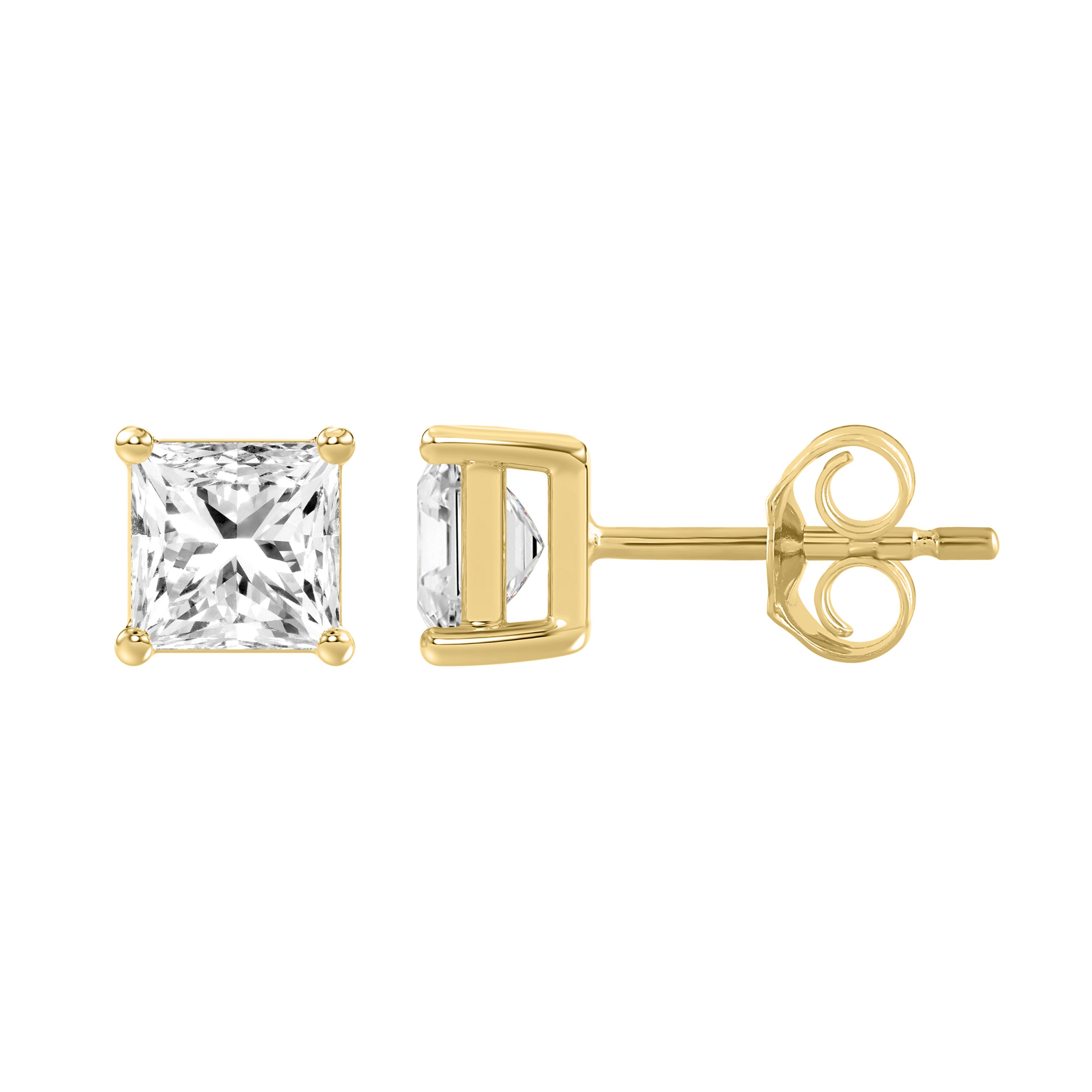3 Carat Princess Lab Grown Diamond Stud Earrings Yellow Gold down view