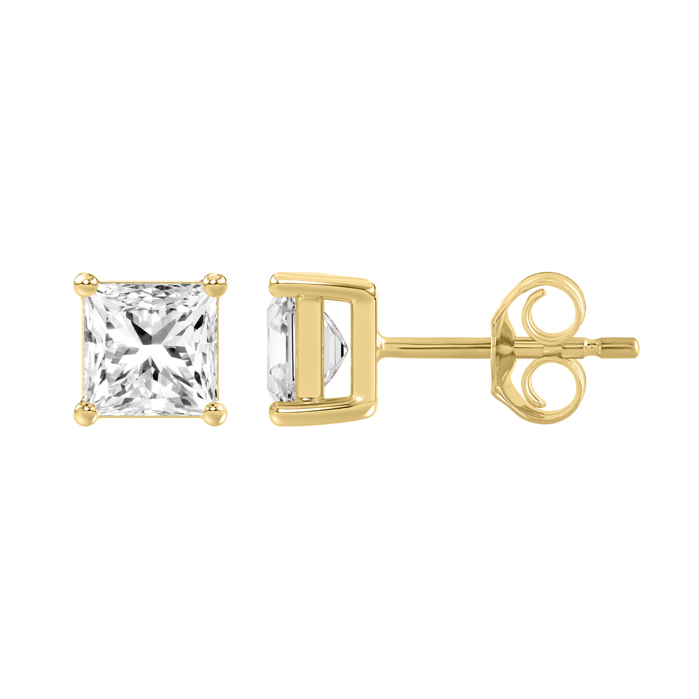 3 Carat Princess Lab Grown Diamond Stud Earrings Yellow Gold down view