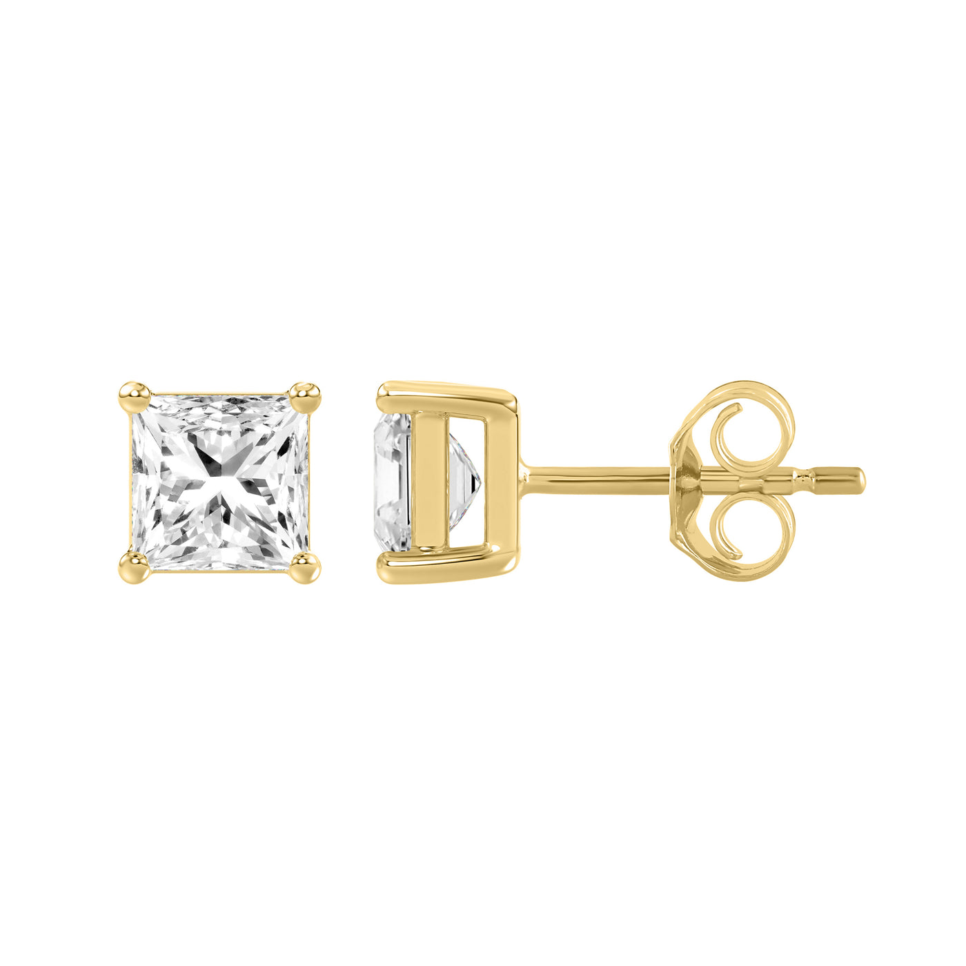 2 Carat Princess Lab Grown Diamond Stud Earrings Yellow Gold down view