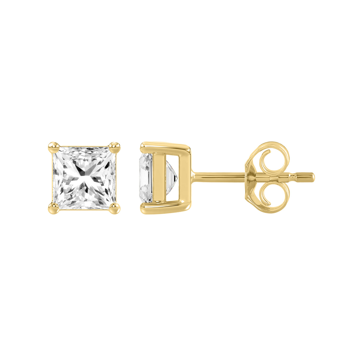 1.5 Carat Princess Lab Grown Diamond Stud Earrings Yellow Gold down view