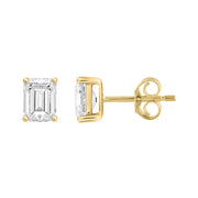 3 Carat Emerald Cut Lab Grown Diamond Stud Earrings Yellow Gold down view