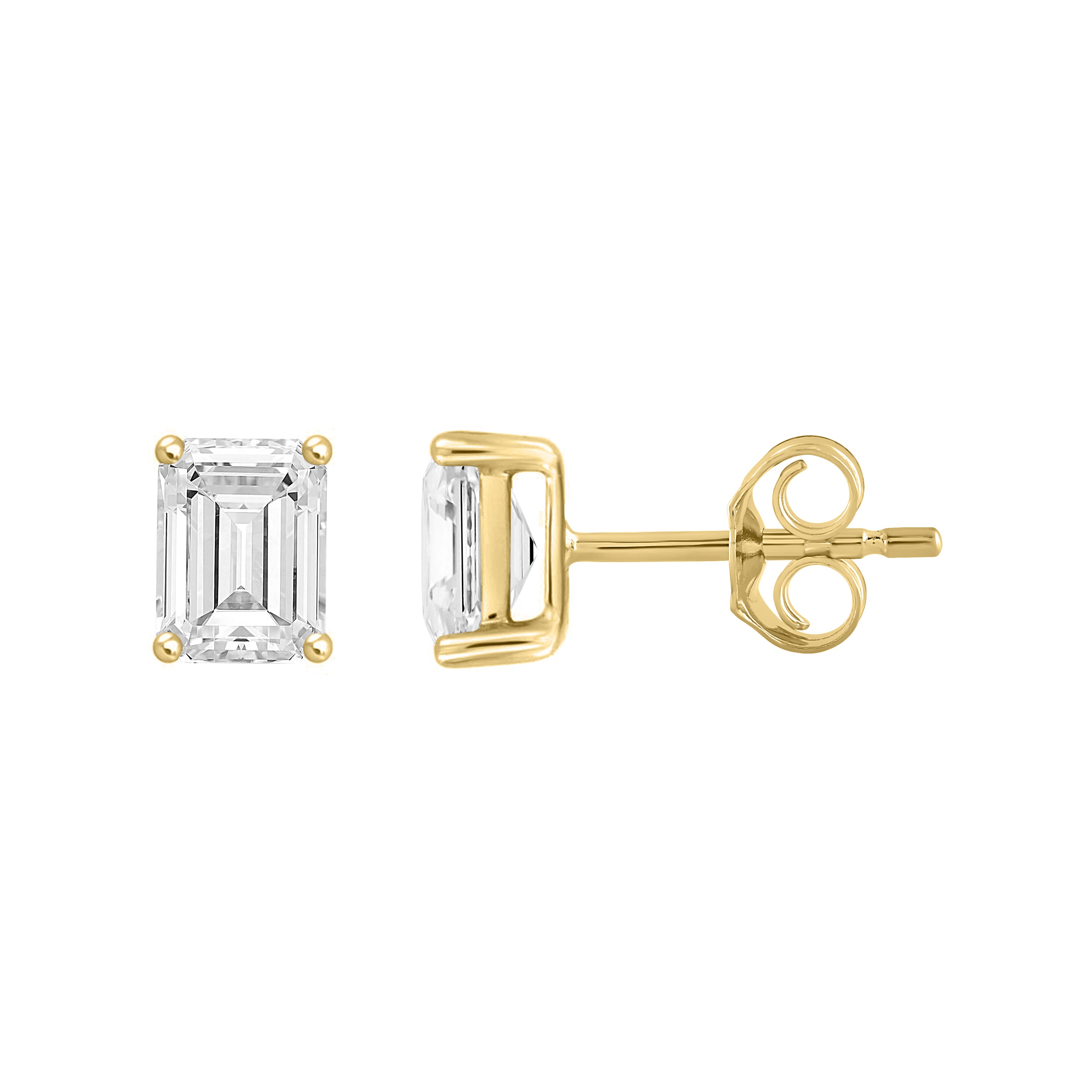 1.5 Carat Emerald Cut Lab Grown Diamond Stud Earrings Yellow Gold down view
