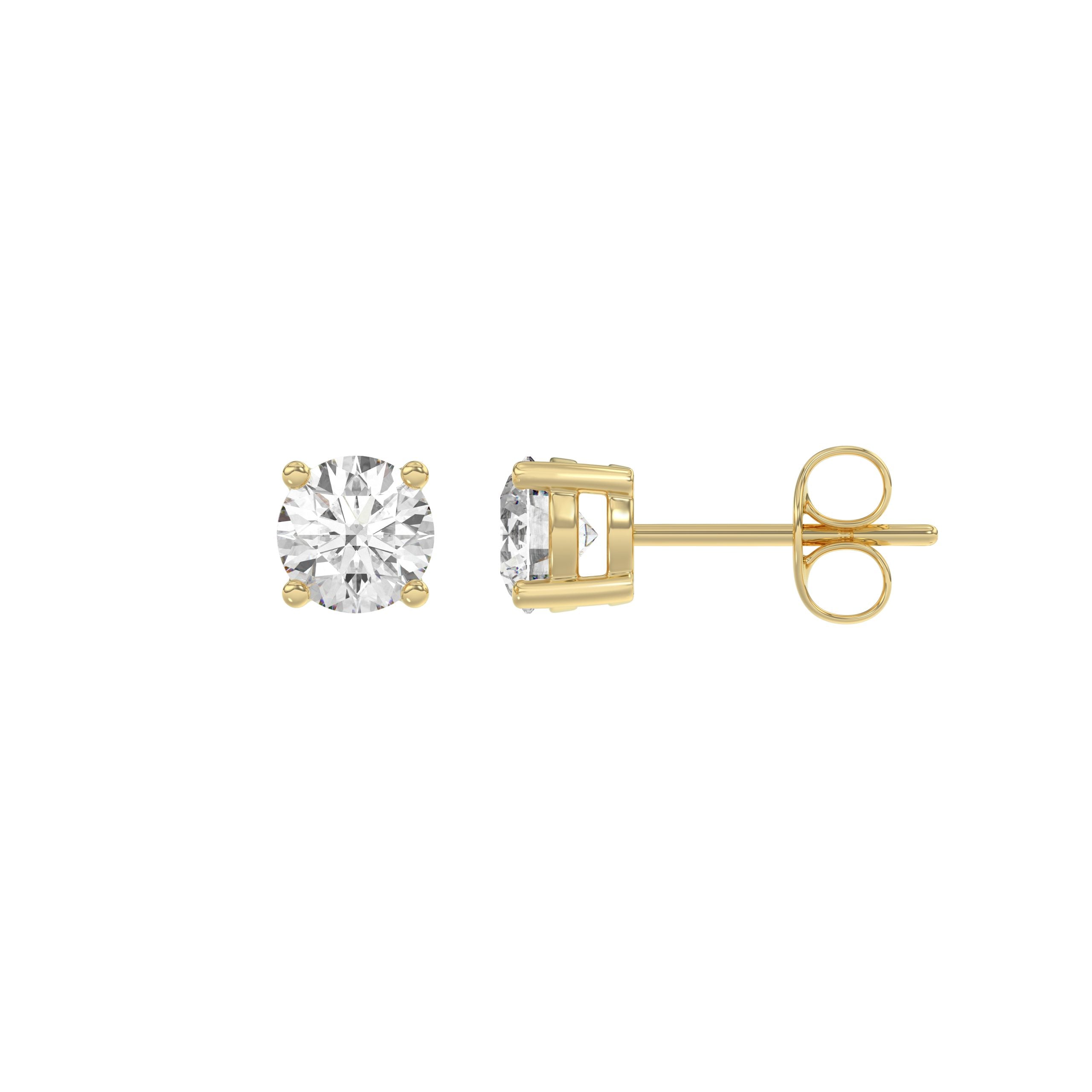 1 Carat Round Brilliant Lab Grown Diamond Stud Earrings Yellow Gold flat view