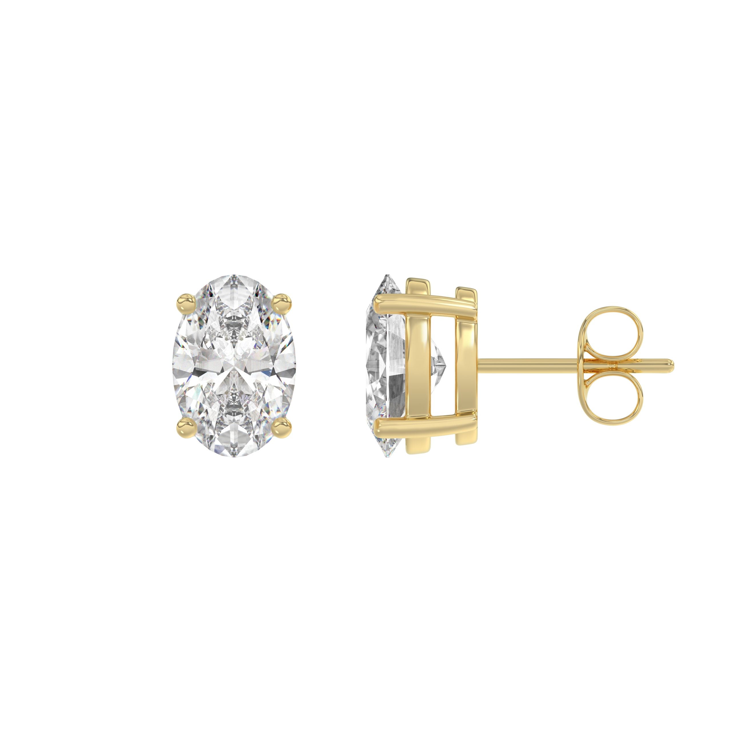 2 Carat Oval Lab Grown Diamond Stud Earrings Yellow Gold flat view