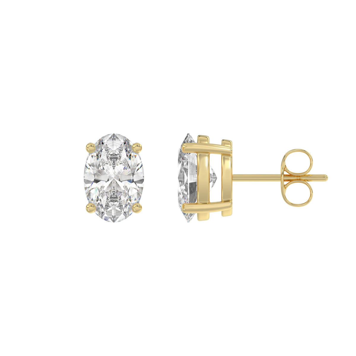 2 Carat Oval Lab Grown Diamond Stud Earrings Yellow Gold flat view