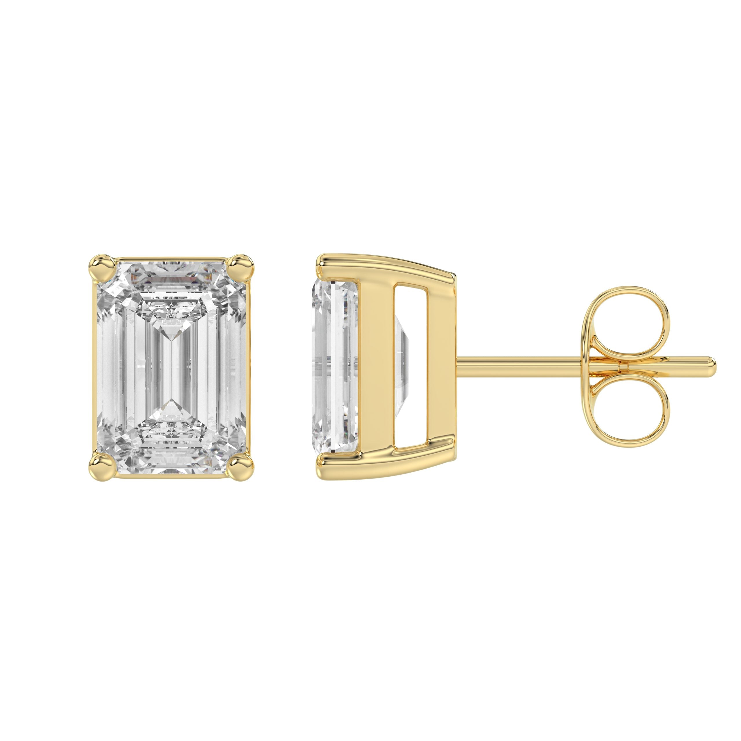 3 Carat Emerald Cut Lab Grown Diamond Stud Earrings Yellow Gold flat view