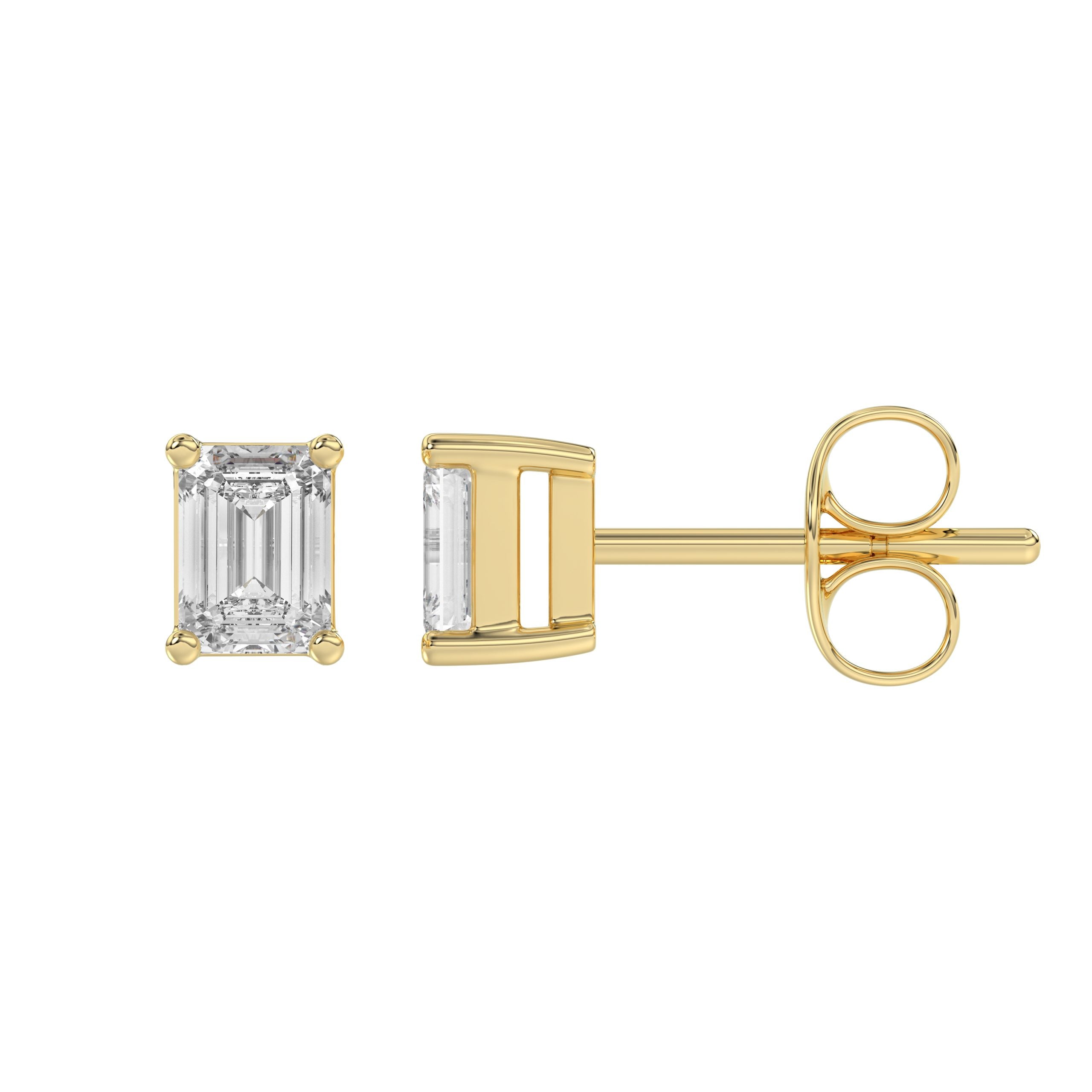 0.5 Carat Emerald Cut Lab Grown Diamond Stud Earrings Yellow Gold flat view