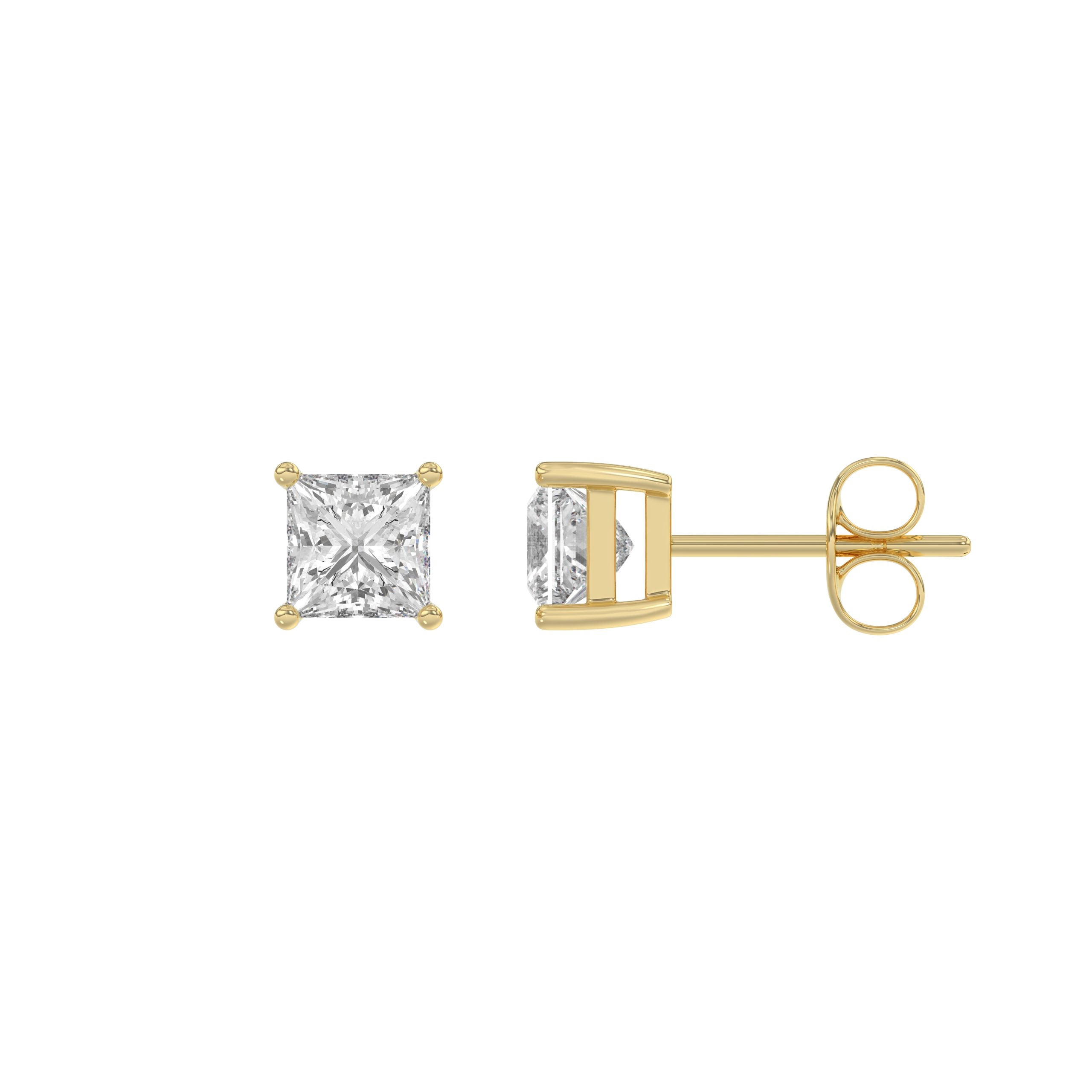 1 Carat Princess Lab Grown Diamond Stud Earrings Yellow Gold flat view