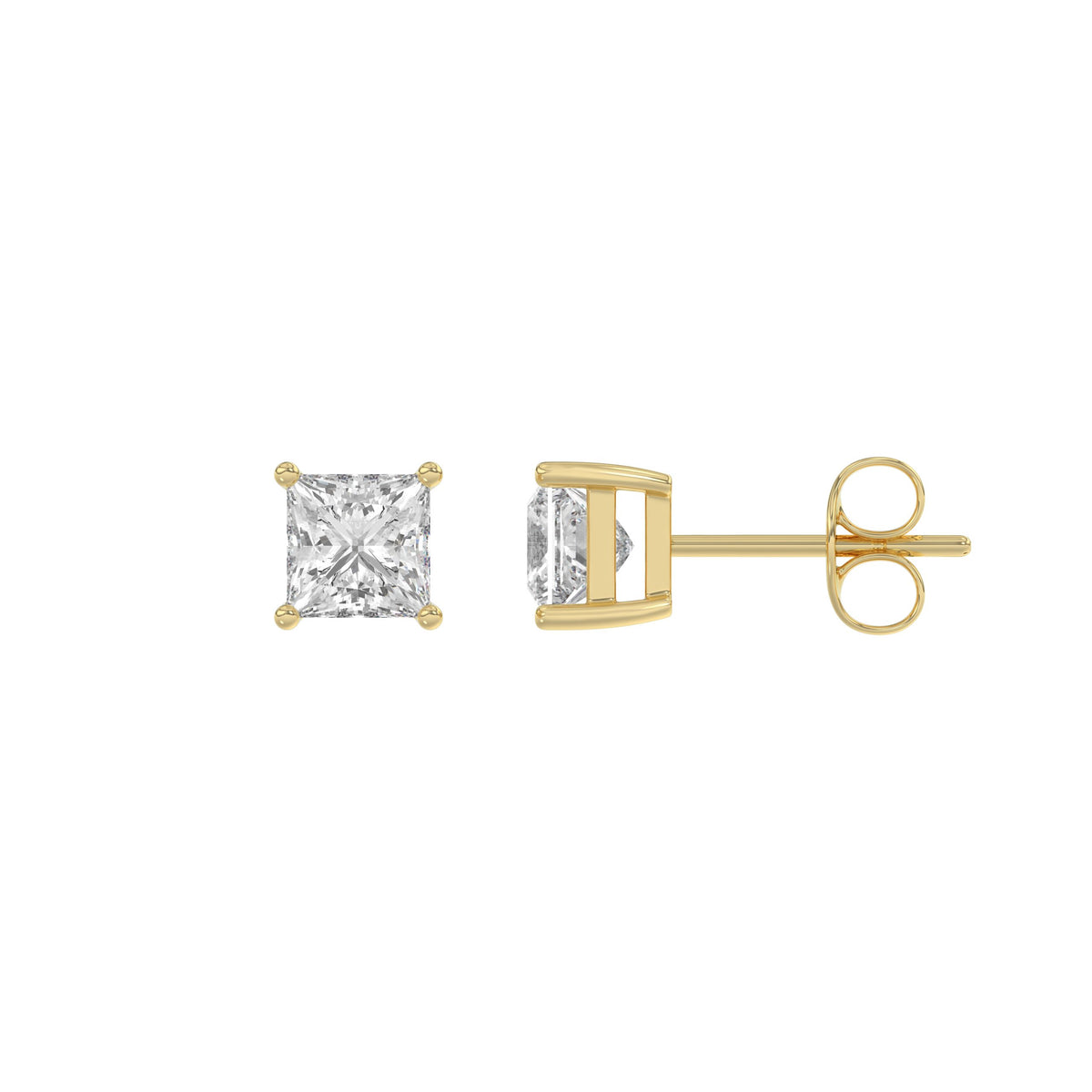 1 Carat Princess Lab Grown Diamond Stud Earrings Yellow Gold flat view