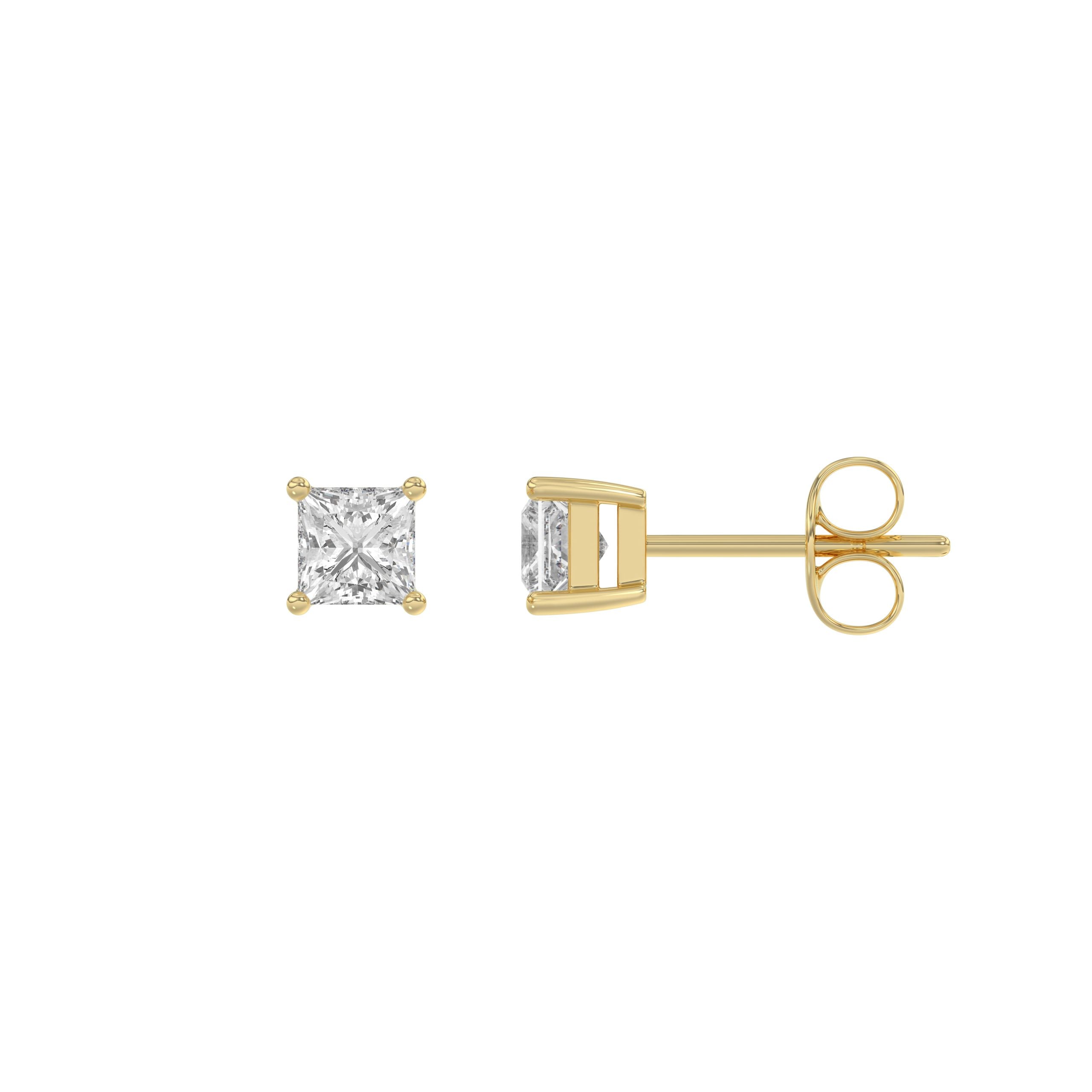 0.46 Carat Princess Lab Grown Diamond Stud Earrings Yellow Gold flat view