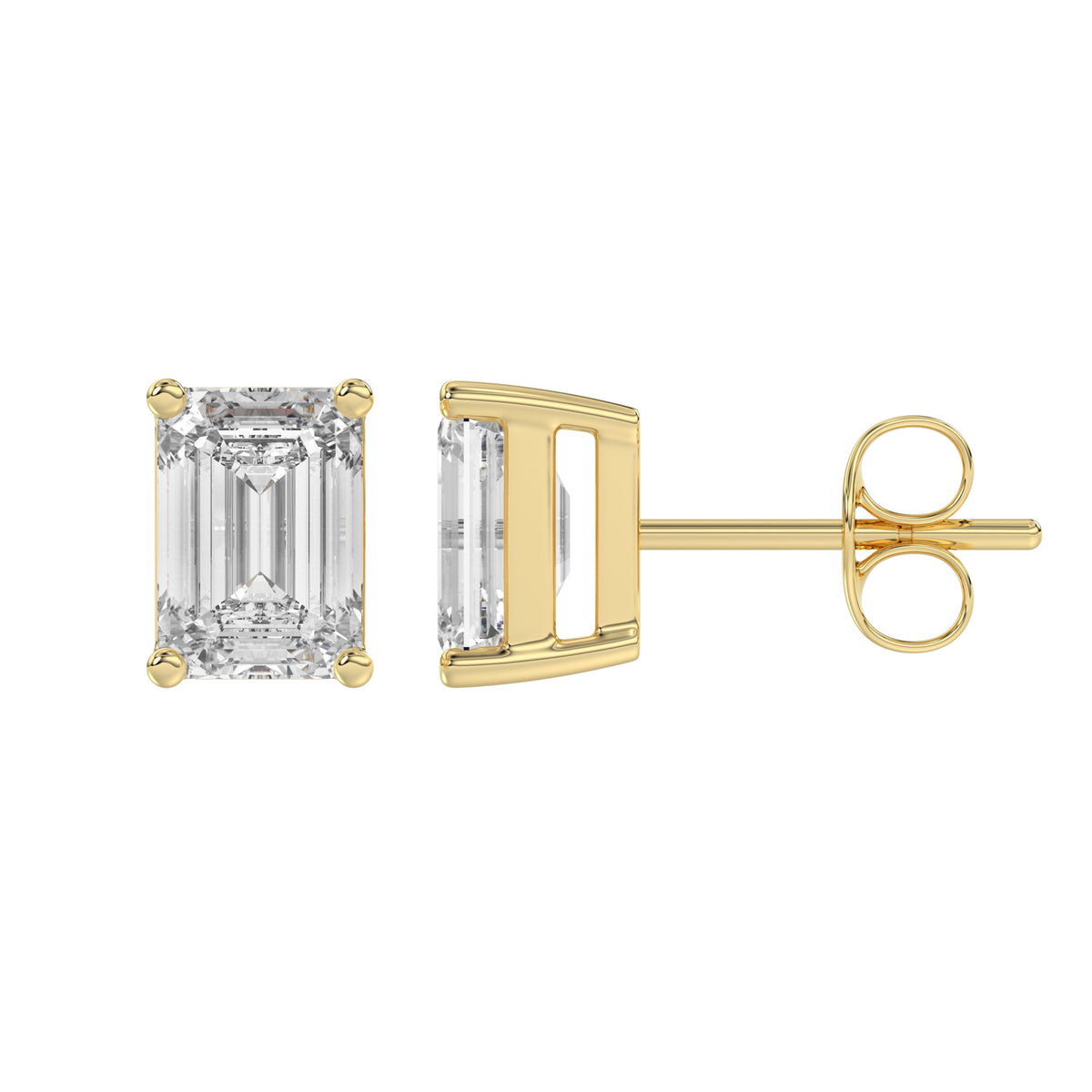 2 Carat Emerald Cut Lab Grown Diamond Stud Earrings Yellow Gold flat view