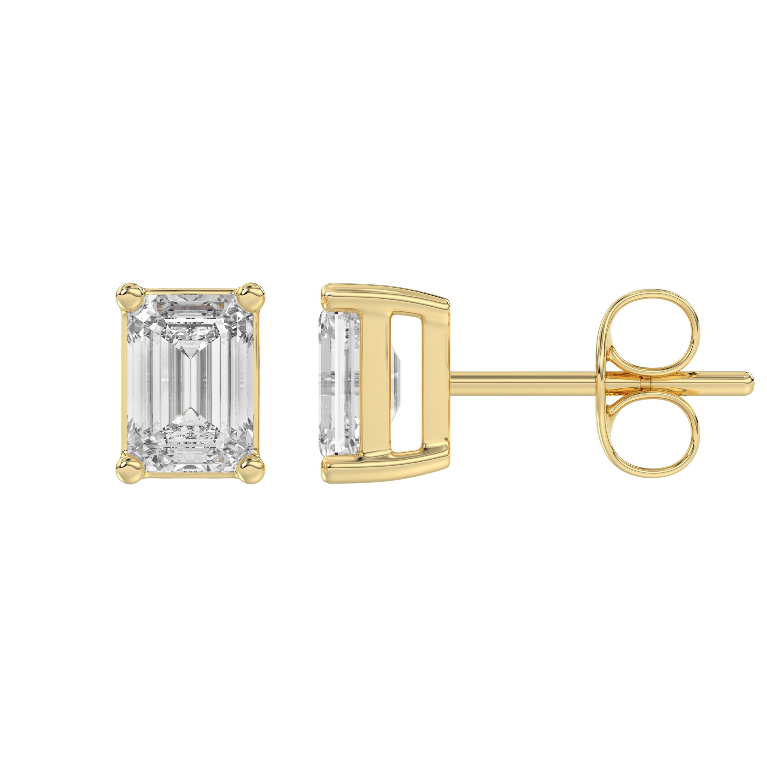 1 Carat Emerald Cut Lab Grown Diamond Stud Earrings Yellow Gold flat view