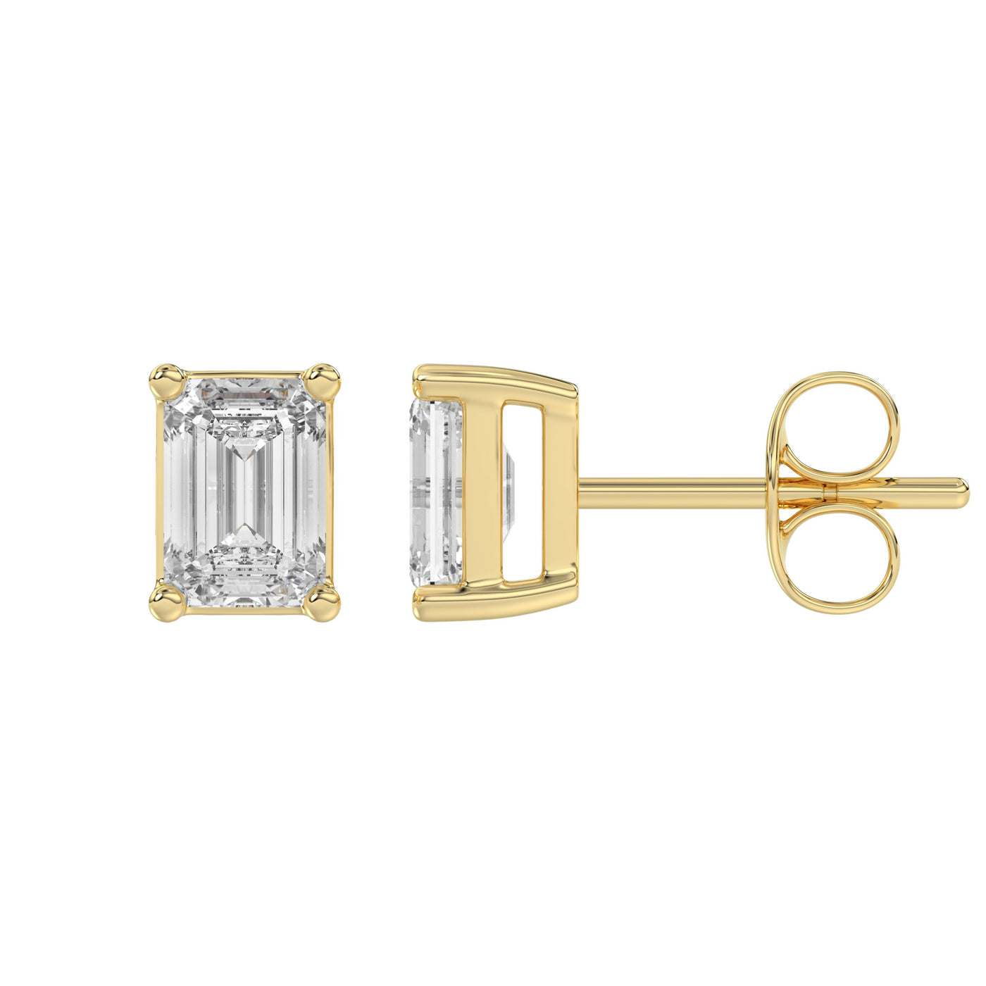 1 Carat Emerald Cut Lab Grown Diamond Stud Earrings Yellow Gold flat view