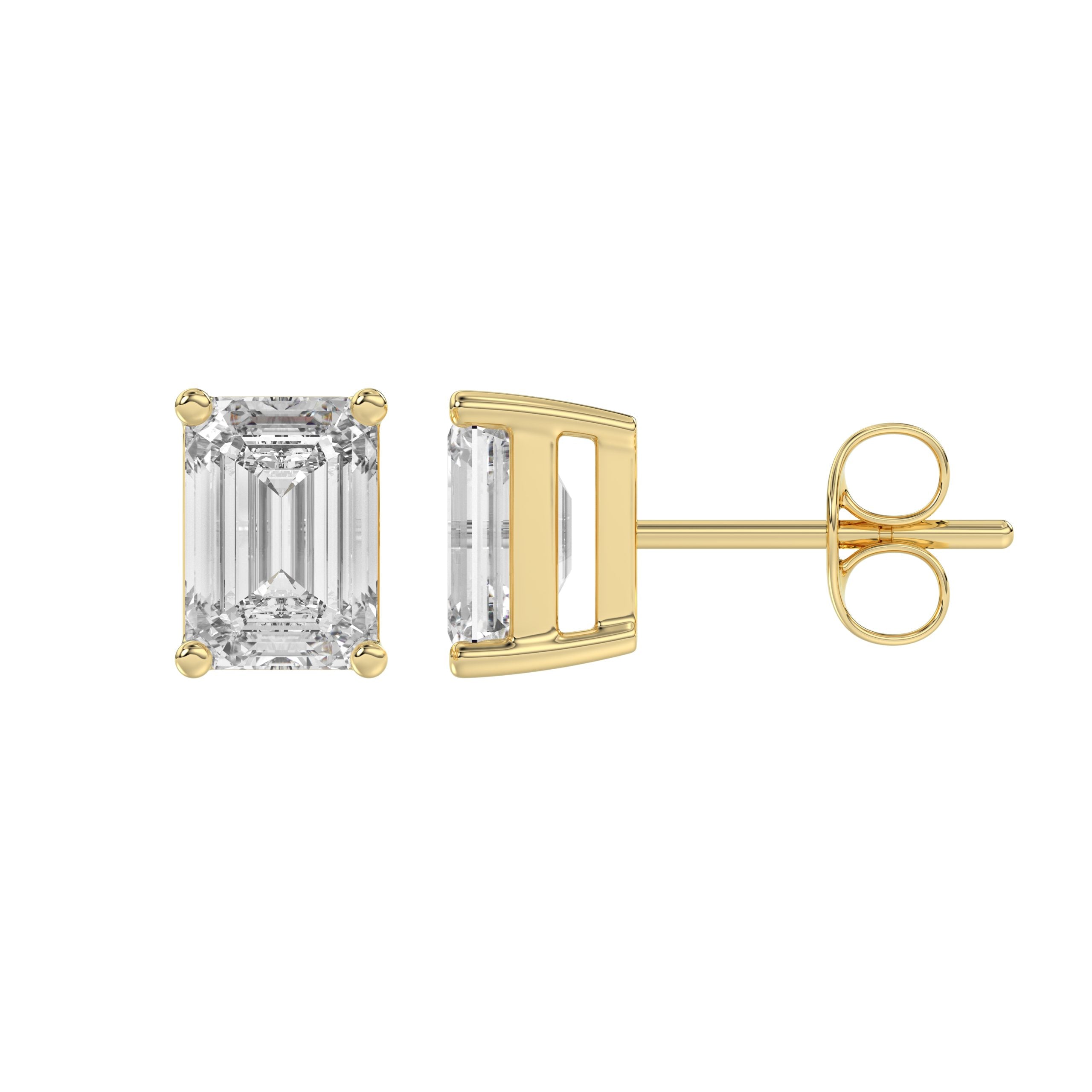 1.5 Carat Emerald Cut Lab Grown Diamond Stud Earrings Yellow Gold flat view