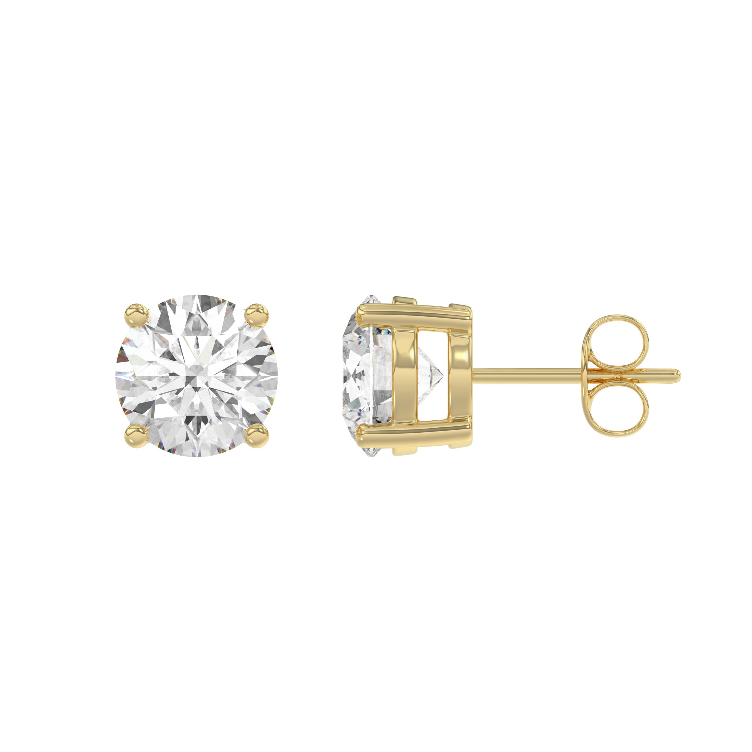 3 Carat Round Brilliant Lab Grown Diamond Stud Earrings Yellow Gold flat view