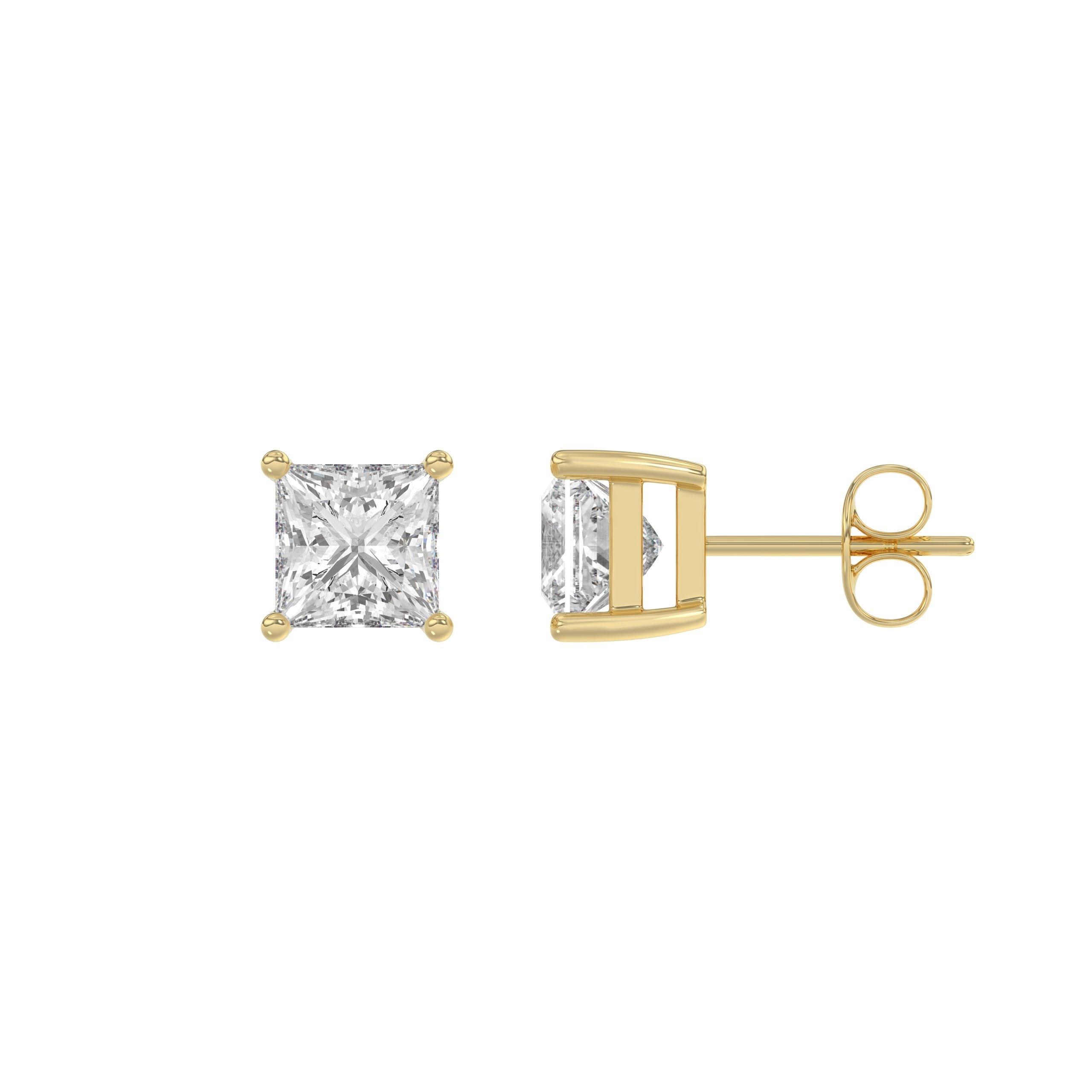 1.5 Carat Princess Lab Grown Diamond Stud Earrings Yellow Gold flat view