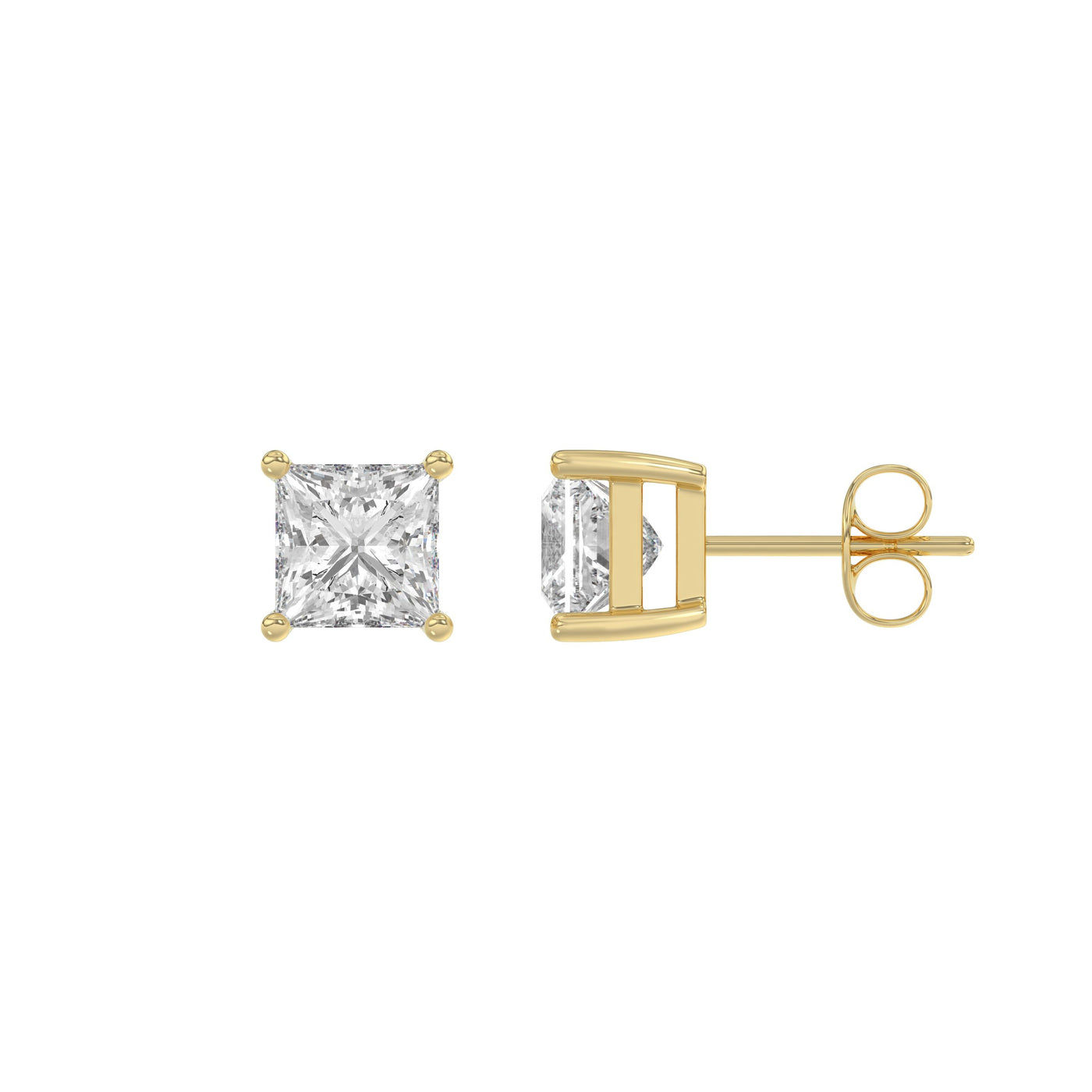 1.5 Carat Princess Lab Grown Diamond Stud Earrings Yellow Gold flat view