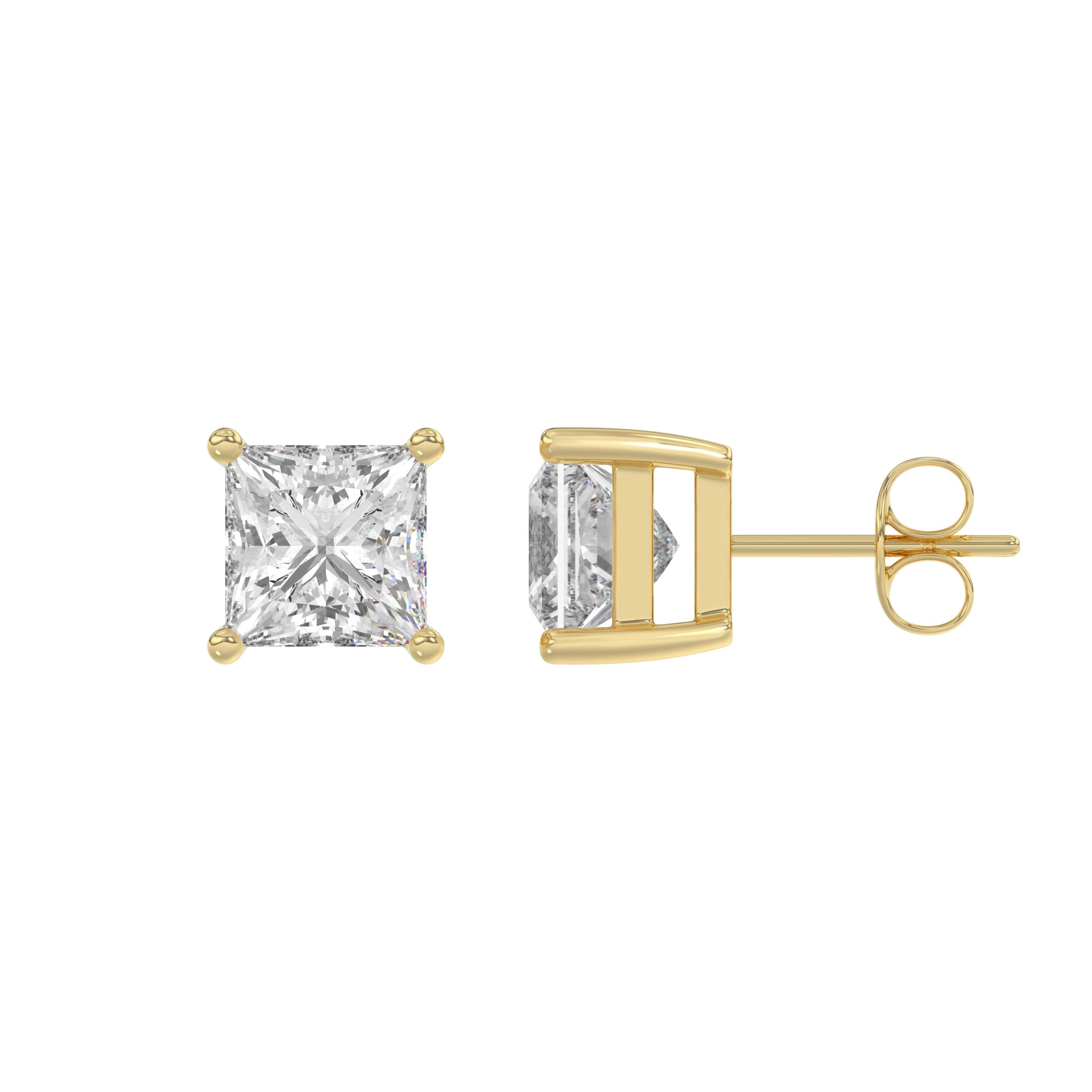 3 Carat Princess Lab Grown Diamond Stud Earrings Yellow Gold flat view