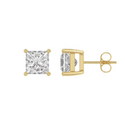 3 Carat Princess Lab Grown Diamond Stud Earrings Yellow Gold flat view