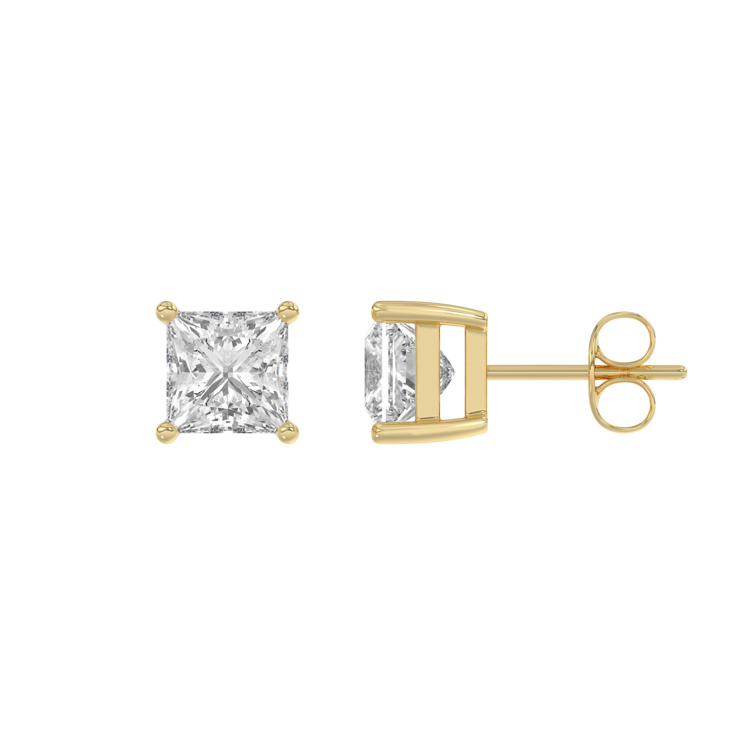2 Carat Princess Lab Grown Diamond Stud Earrings Yellow Gold flat view