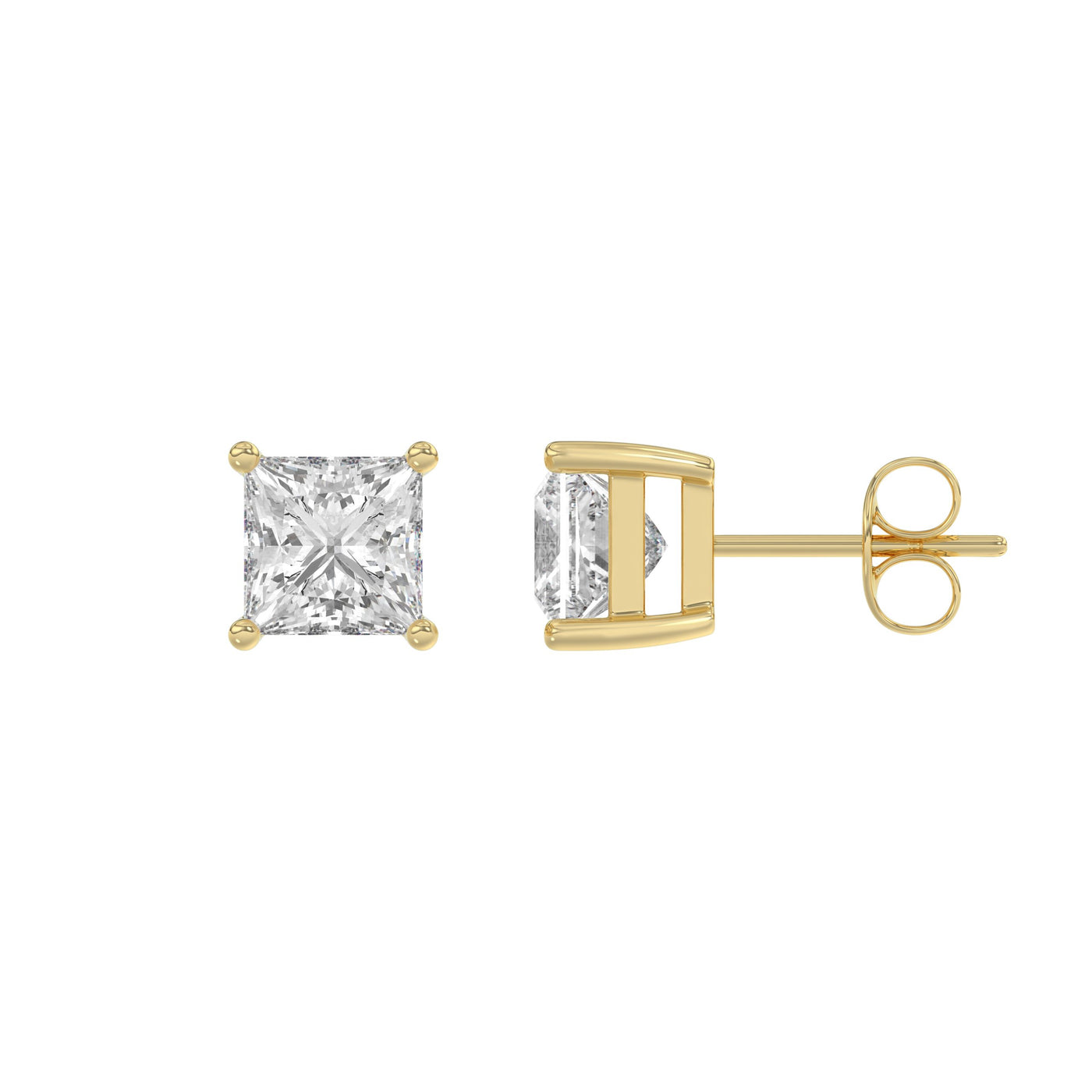 2 Carat Princess Lab Grown Diamond Stud Earrings Yellow Gold flat view