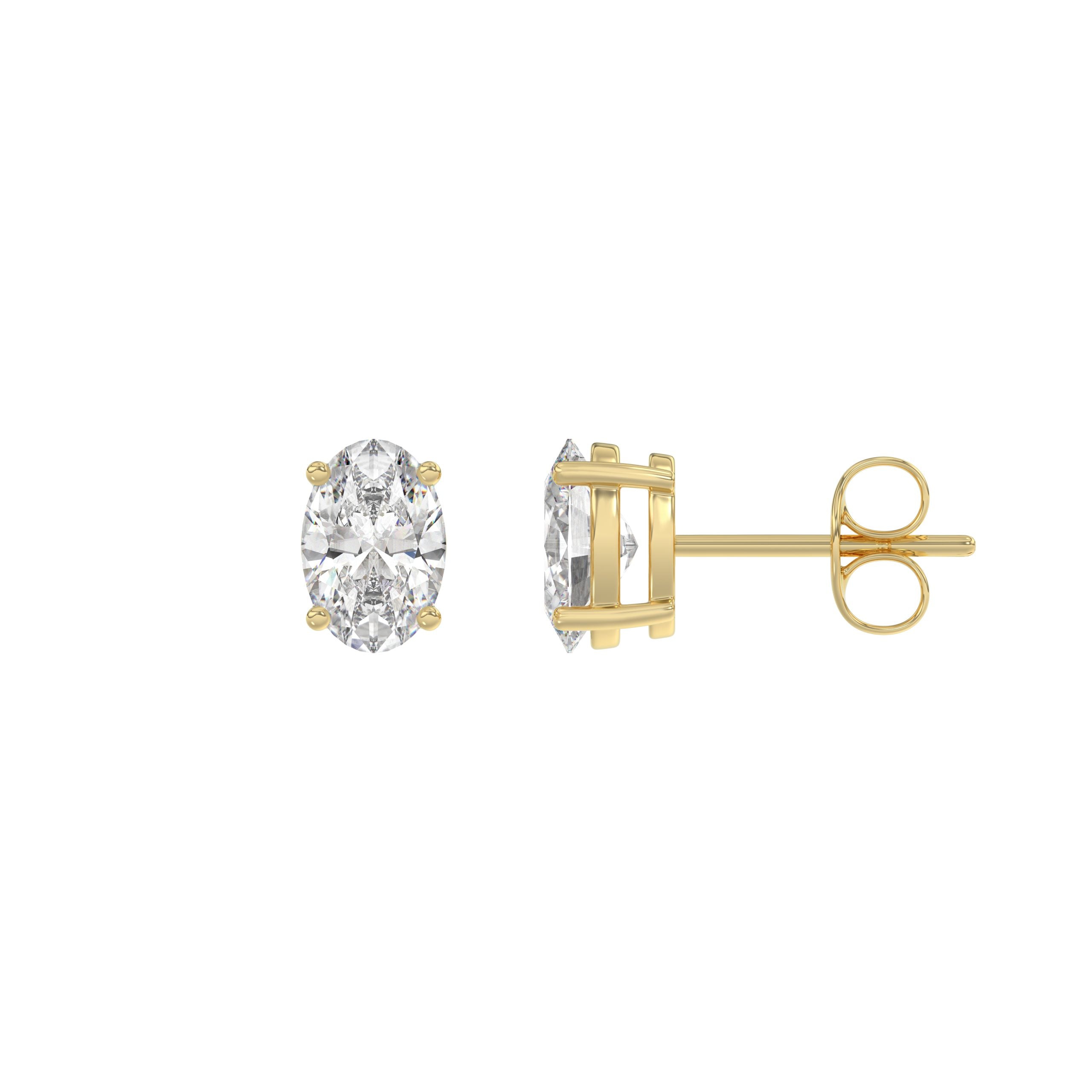 1 Carat Oval Lab Grown Diamond Stud Earrings Yellow Gold flat view
